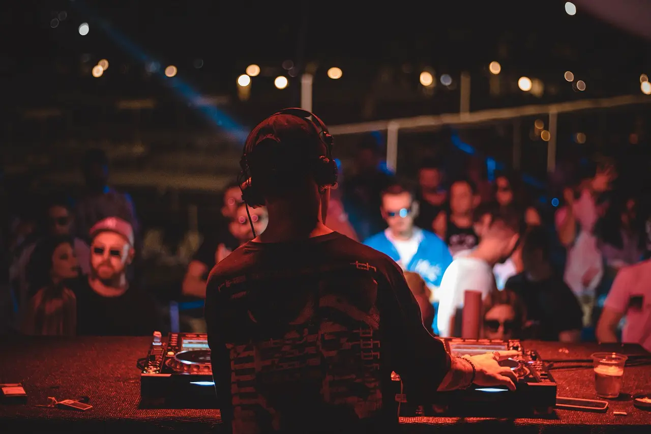 Photo d'un dj de dos avec devant lui des personnes faisant la fête